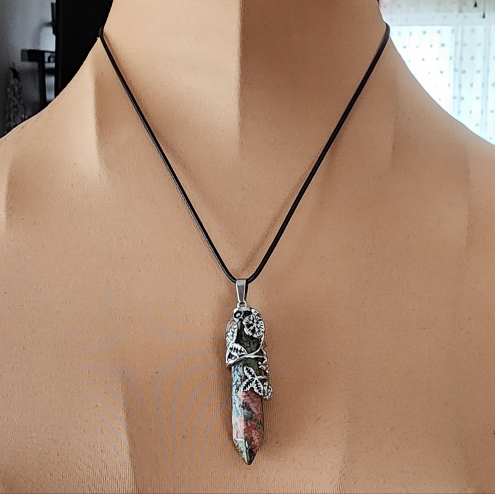 NWOT Unikite Stone Pendant and Black Cord Necklace